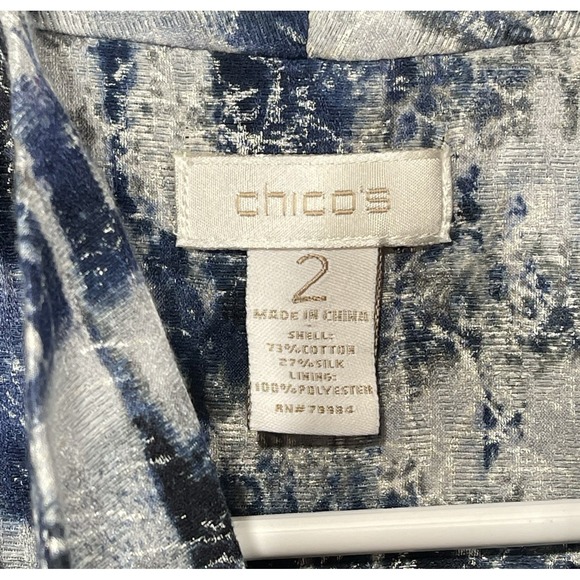 Chicos Jacket Women Sz‎ 2 US 12 Blue Silver One Hook Closure Shoulder Pads Lined - Picture 3 of 11